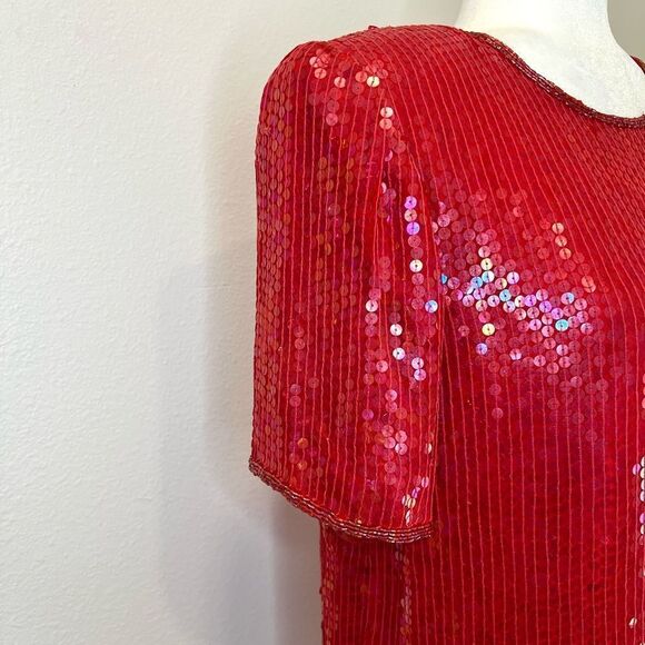 JEAN for JOSEPH Le BON Red Vintage Sequin Women’s Silk Formal Blouse Size Small - Picture 4 of 9